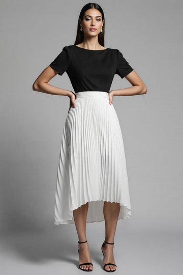 Ivory and Black A Line Pleated Long Work Dress with Sleeves